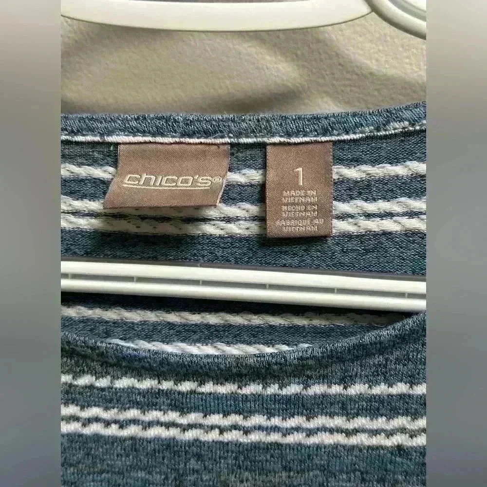 Chico’s 3/4 Sleeve Lightweight Blue Striped Sweater Waist Tie | Women’s 1/M/8‎ - Picture 5 of 8
